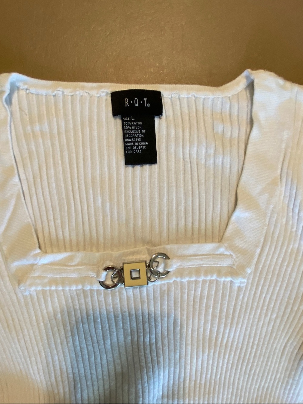 RQT White Ribbed Short Sleeve Square Neck Top with Hardware - Picture 3 of 3